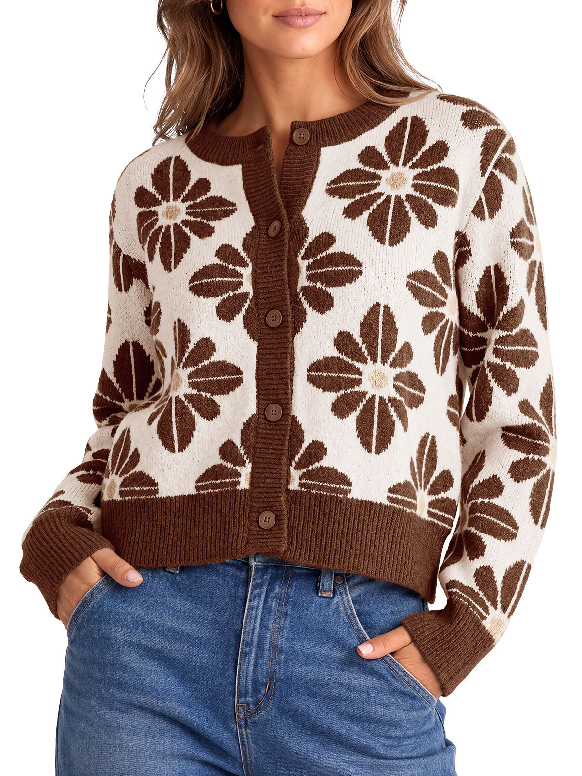 usvara Womens Floral Button Up Vintage Sweater