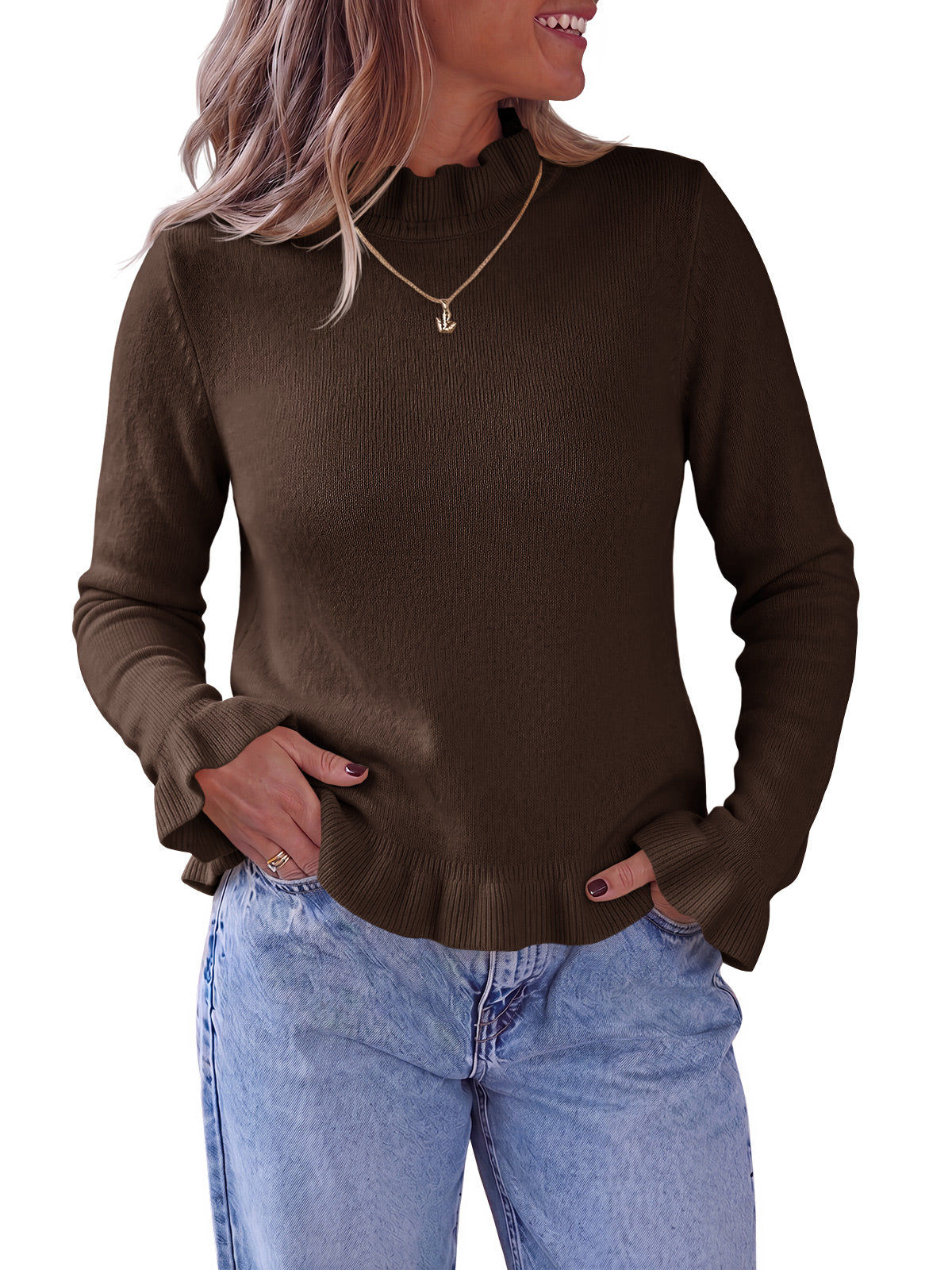 usvara Women Ruffle Mock Neck Knit Sweater