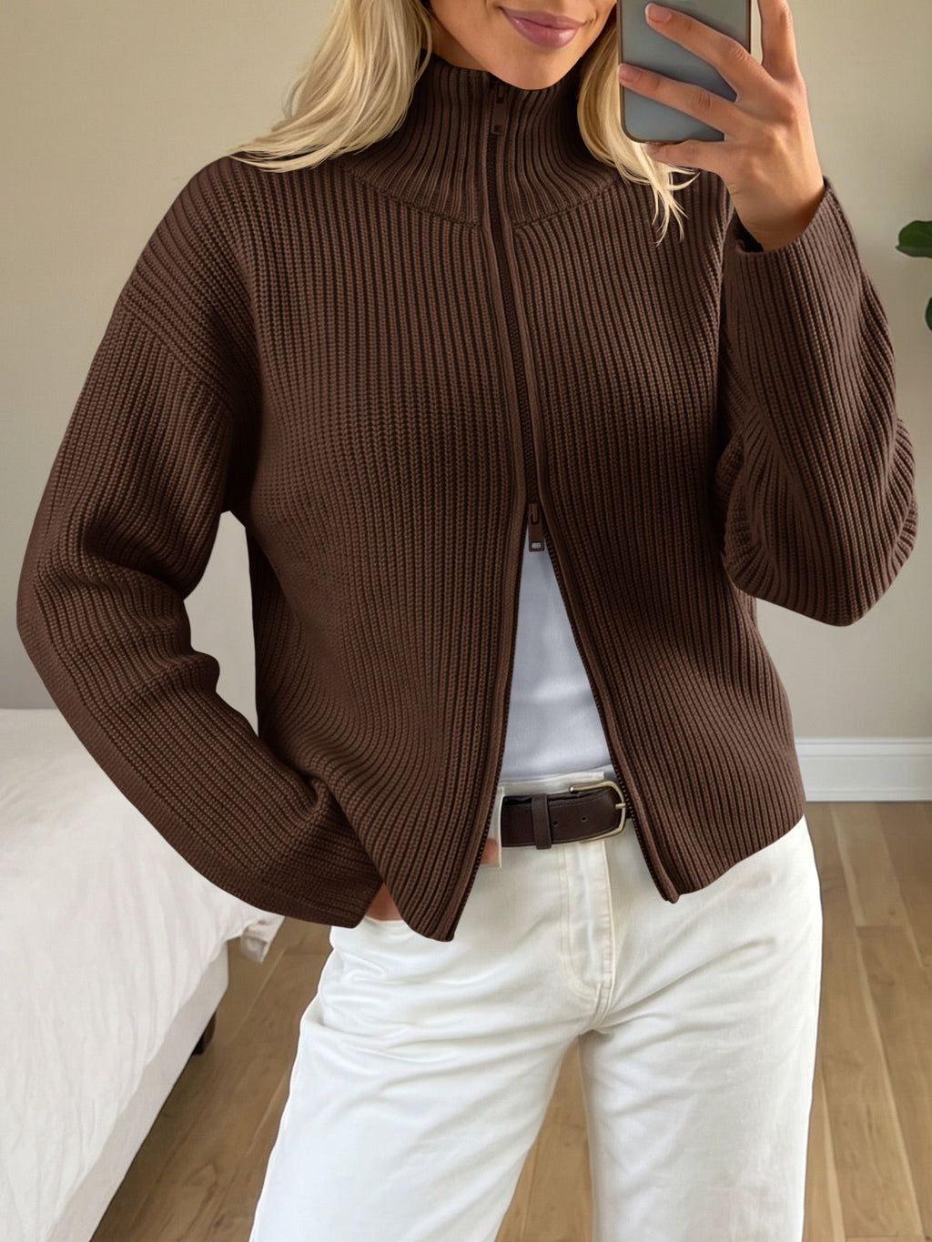 usvara Women Zip Up Chunky Knit Sweater