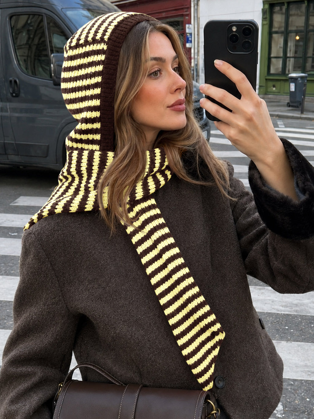 usvara Womens Striped Hooded Scarf Knit Hat