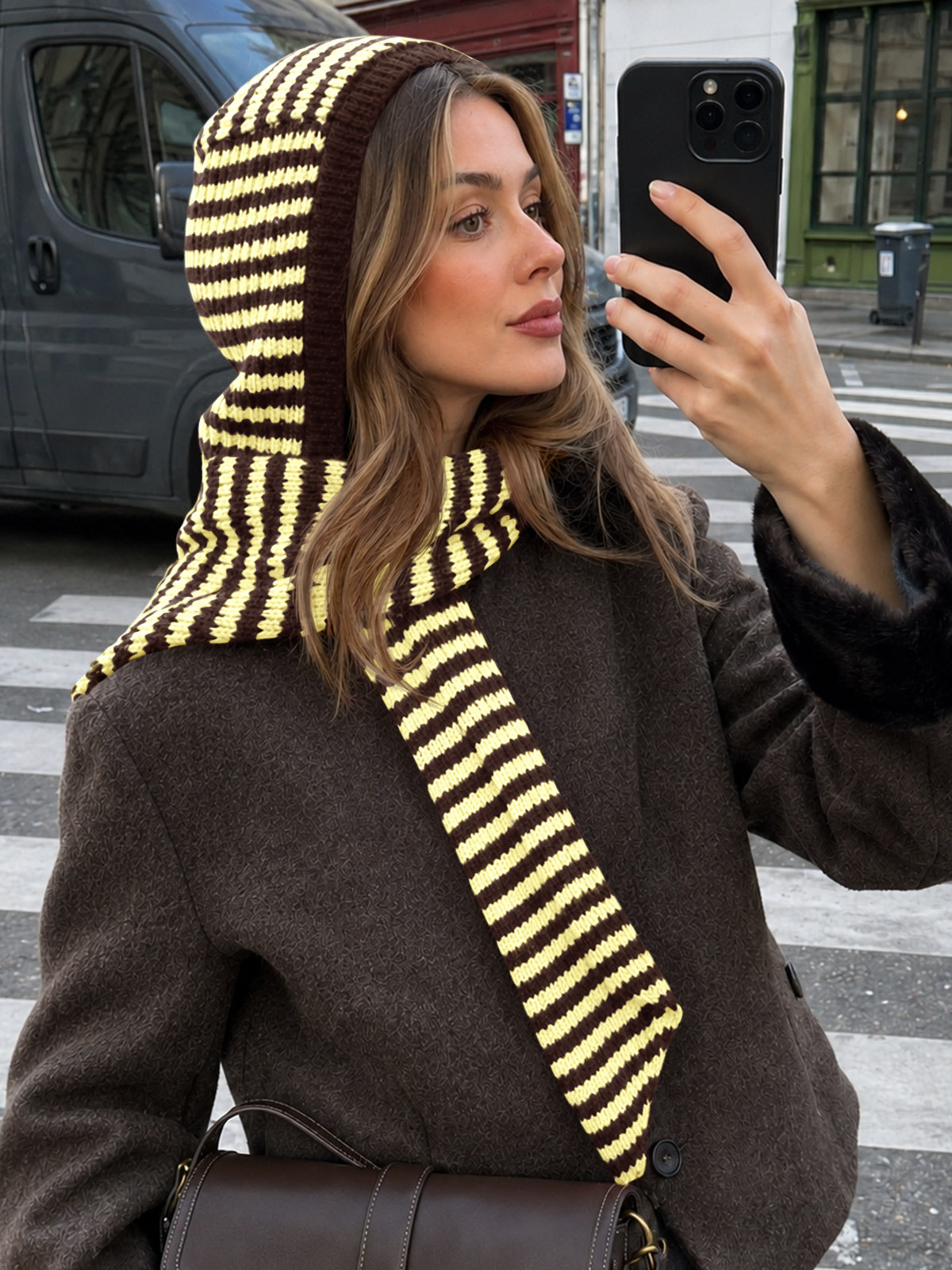 usvara Womens Striped Hooded Scarf Knit Hat