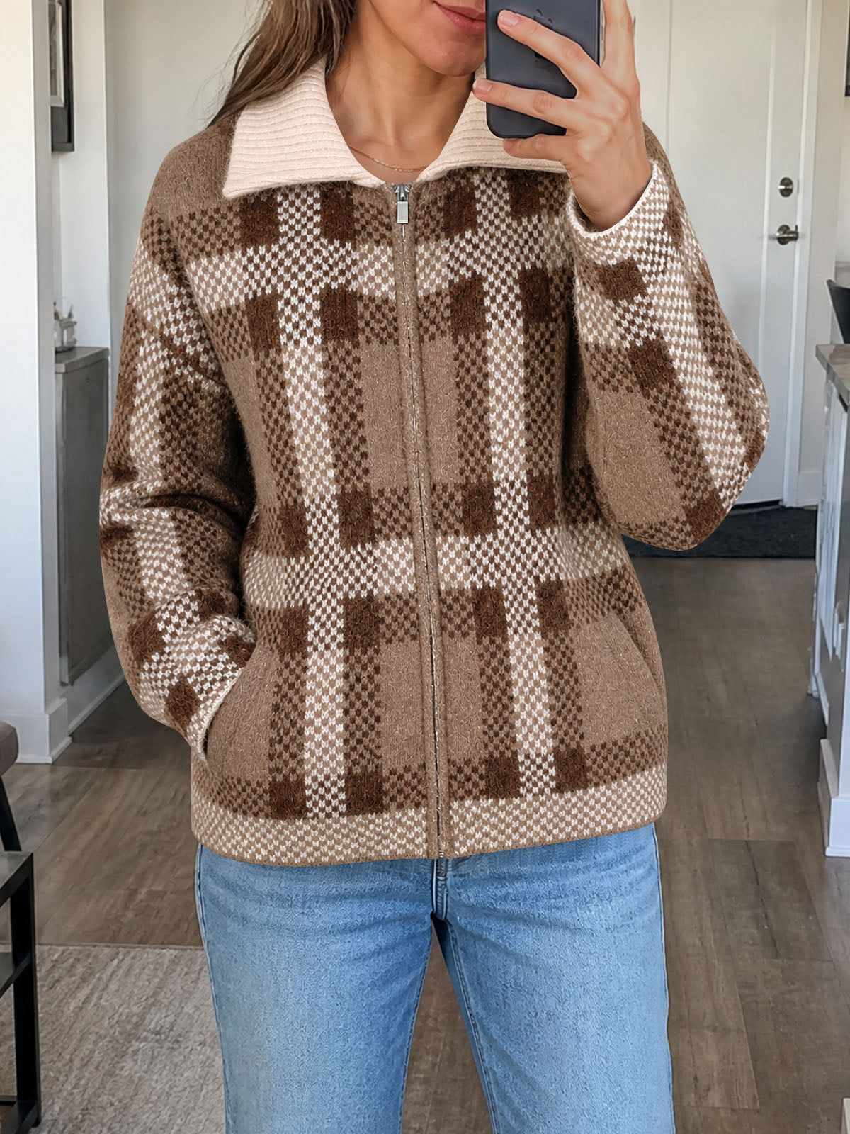usvara Womens Plaid Color Block Zip Cardigan