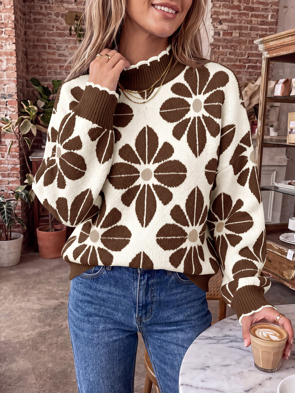 usvara Womens Mock Neck Floral Knit Sweater