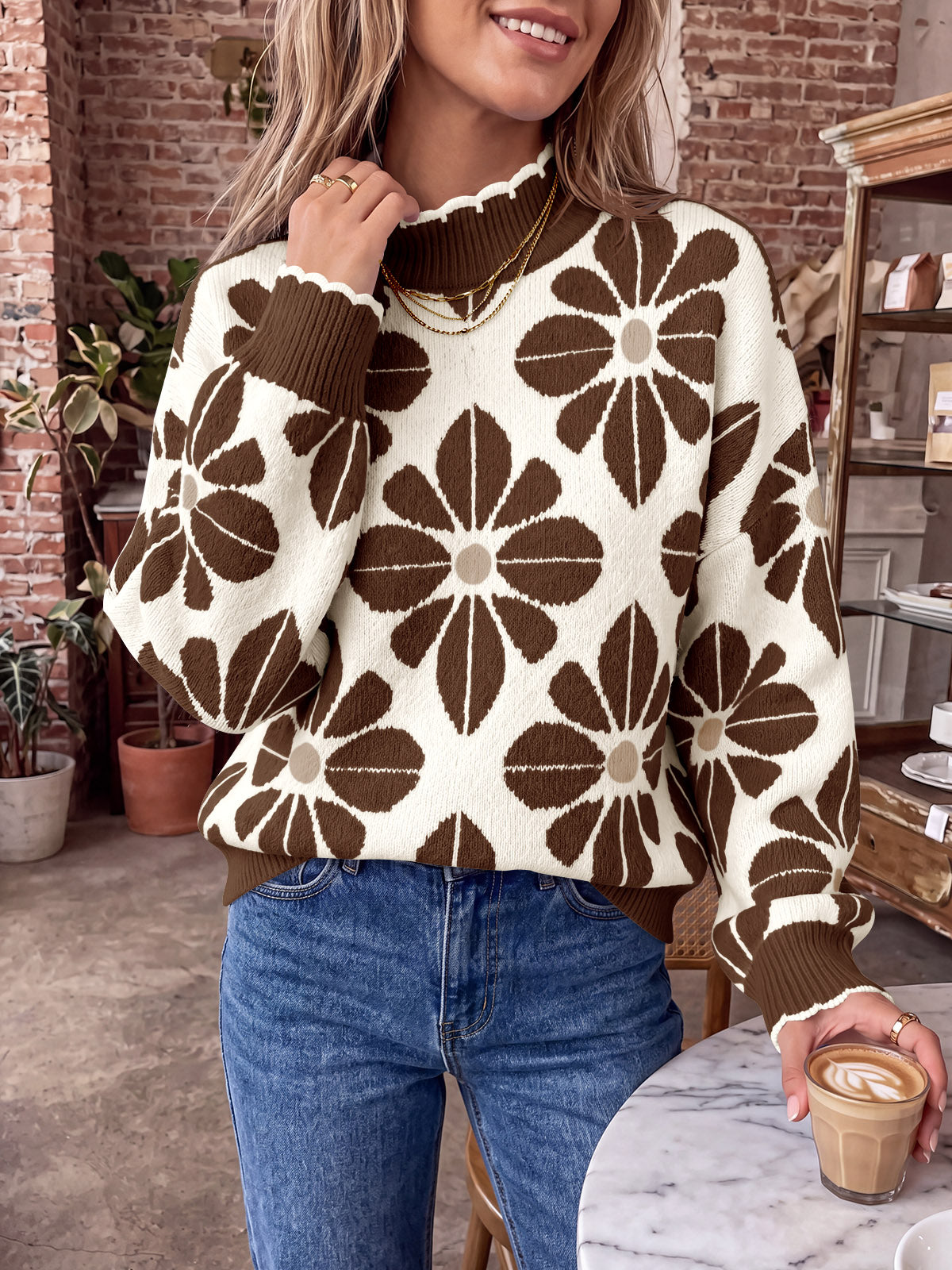 usvara Womens Mock Neck Floral Knit Sweater