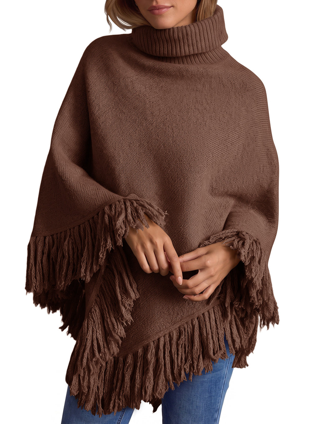 usvara Womens Fringe Turtleneck Poncho Sweater