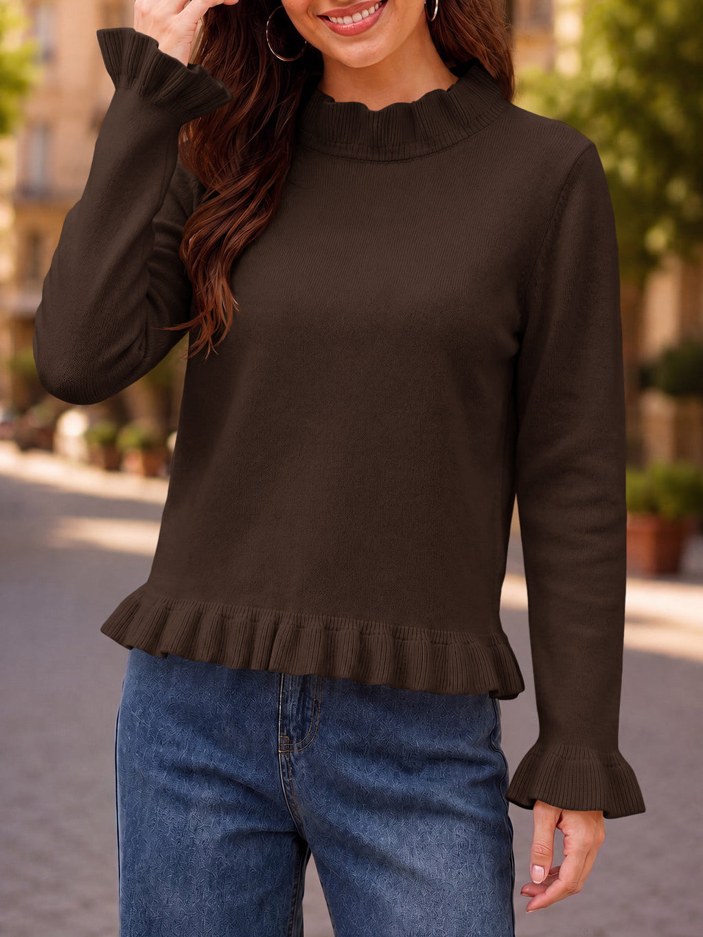 usvara Women Ruffle Mock Neck Knit Sweater