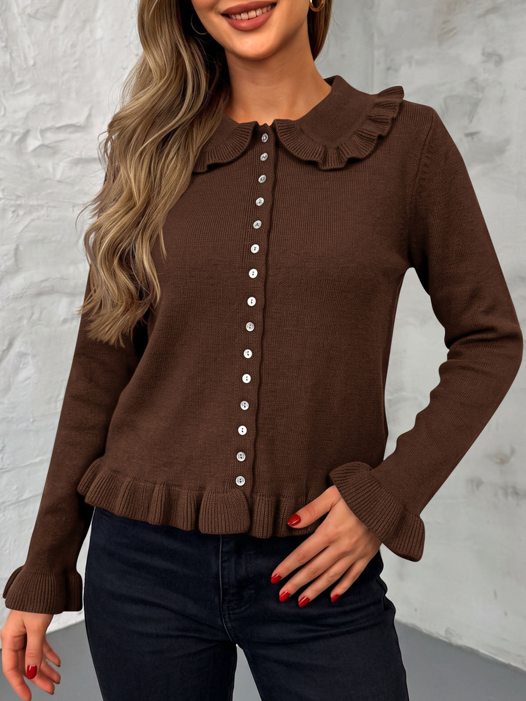 usvara Womens Ruffle Button Down Cardigan