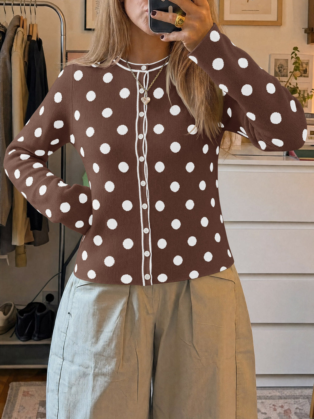usvara Womens Polka Dot Button Up Cardigan