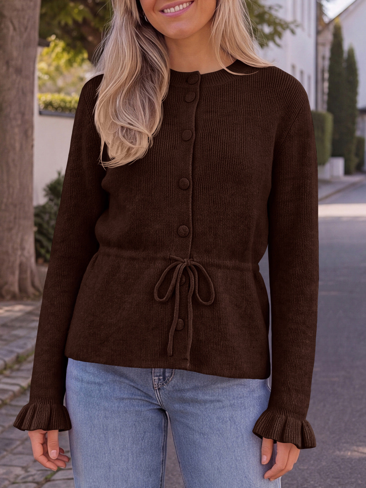 usvara Womens Ruffle Sleeve Button Tie Cardigans