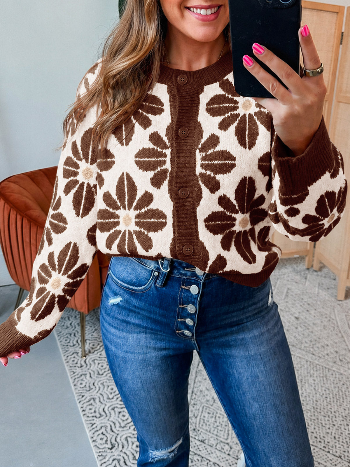 usvara Womens Floral Button Up Vintage Sweater