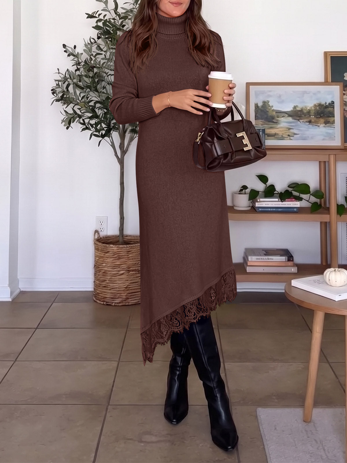 usvara Womens Lace Turtleneck Sweater Dress