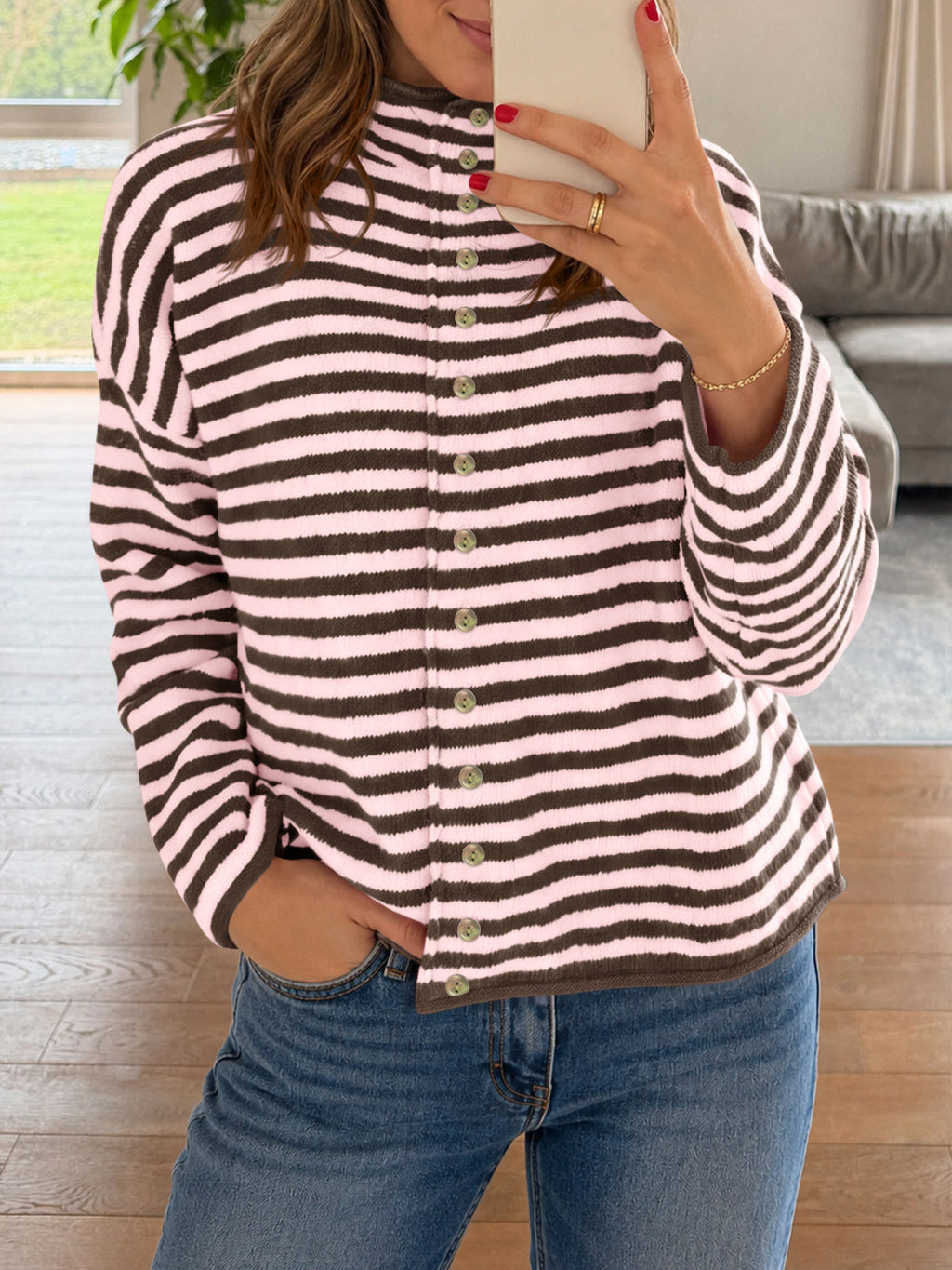 usvara Womens Striped Mock Neck Cardigan