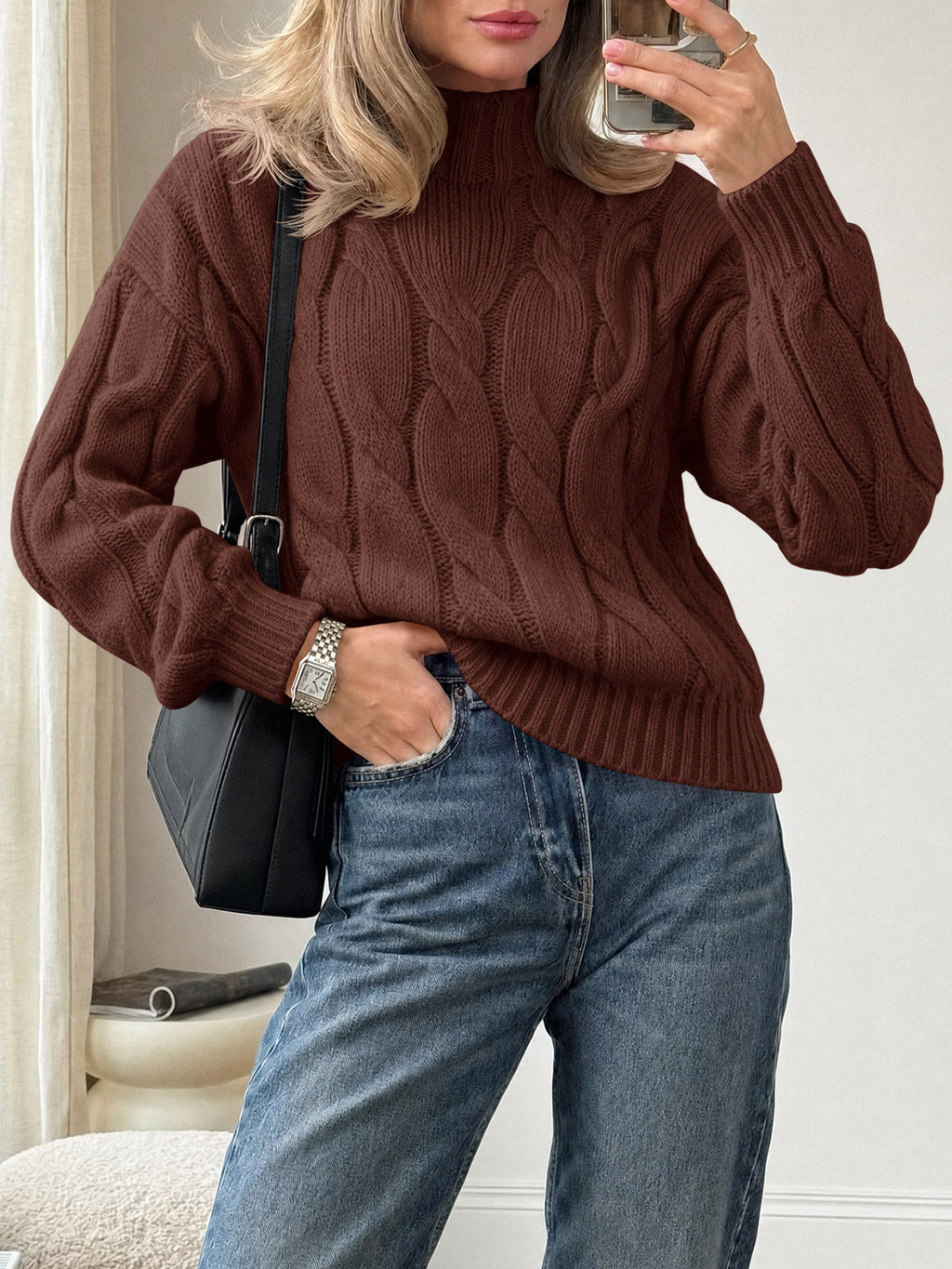 usvara Womens Mock Neck Cable Knit Sweater