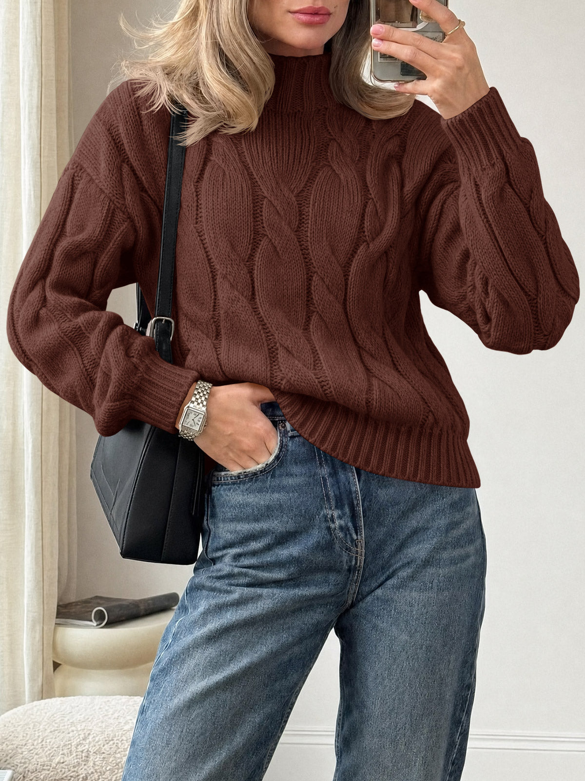usvara Womens Mock Neck Cable Knit Sweater