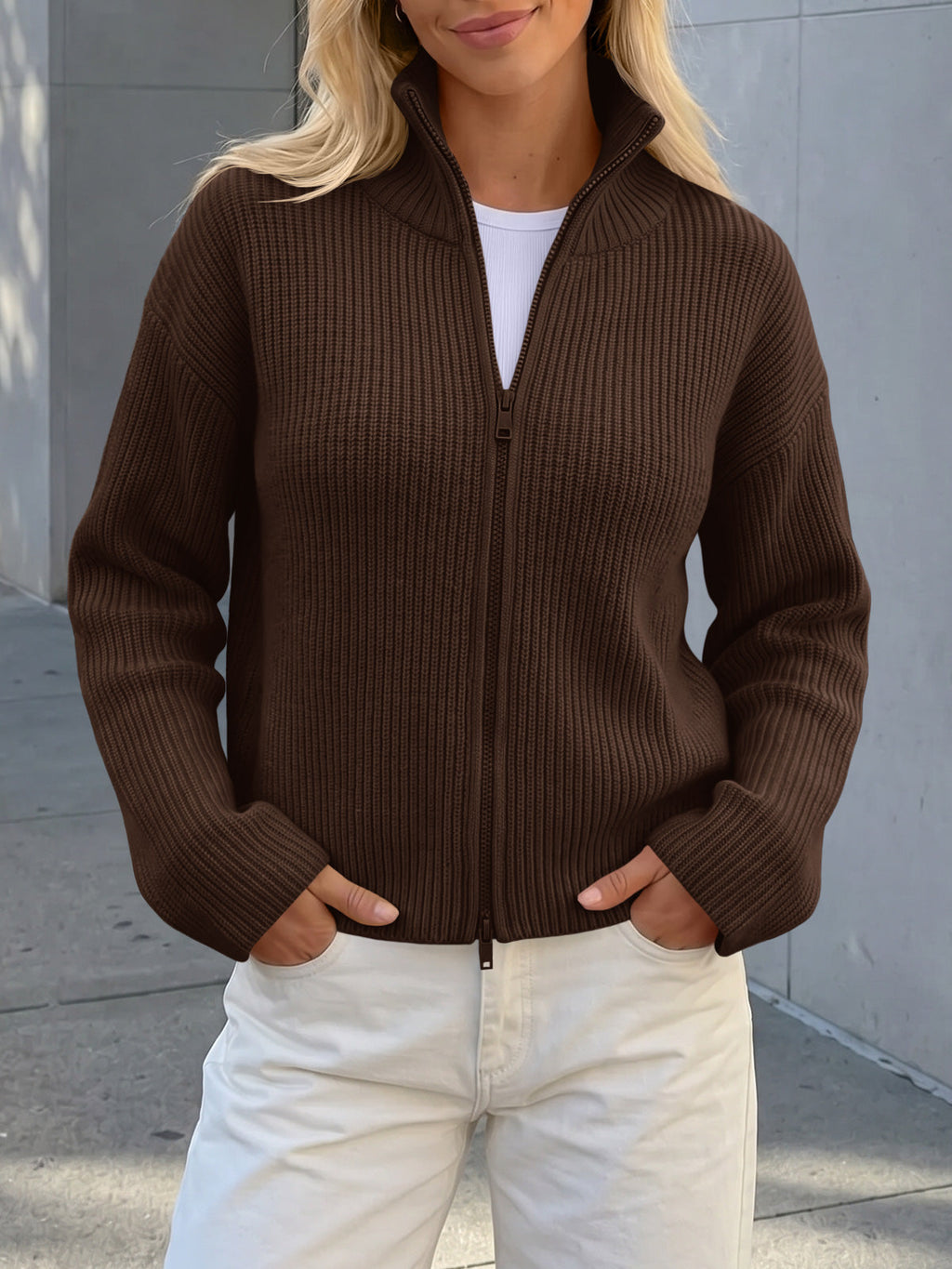 usvara Women Zip Up Chunky Knit Sweater