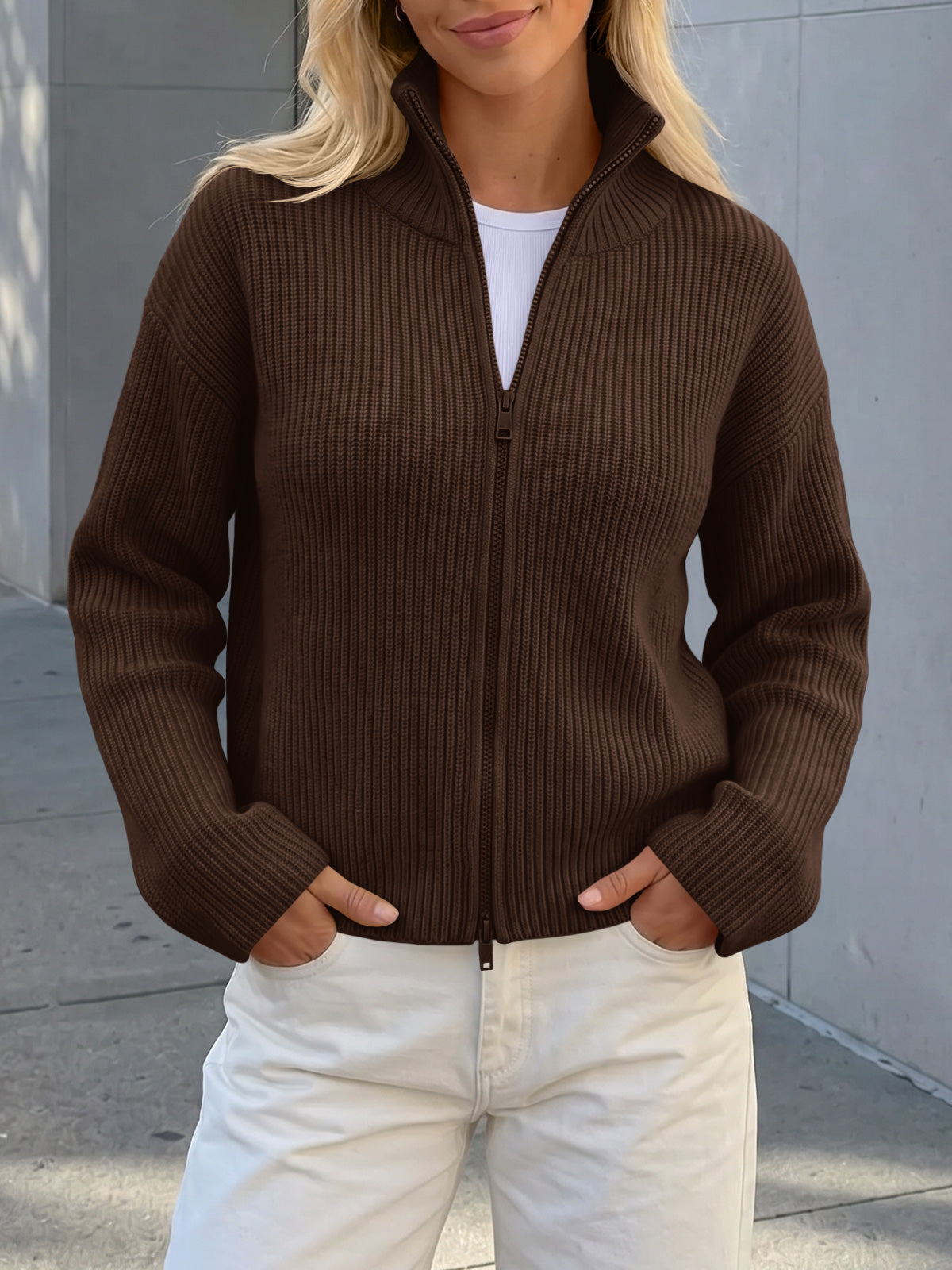 usvara Women Zip Up Chunky Knit Sweater