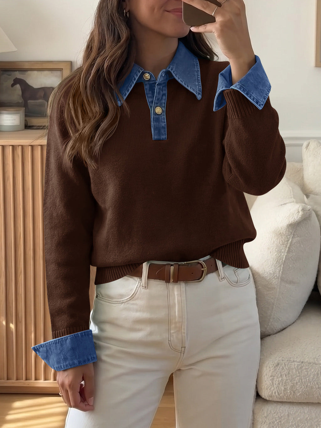 usvara Women Denim Patchwork V Neck Sweater Tops