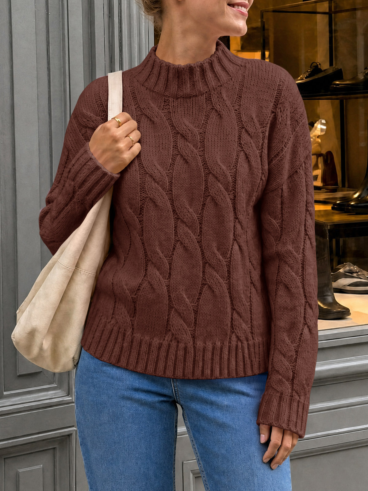 usvara Womens Mock Neck Cable Knit Sweater