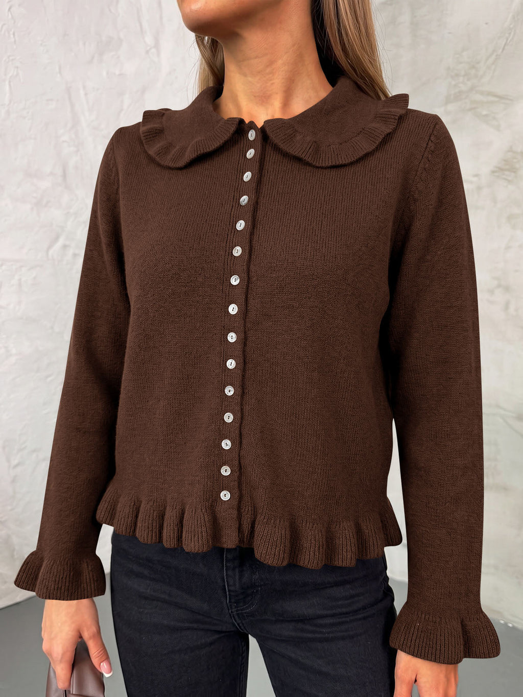 usvara Womens Ruffle Button Down Cardigan