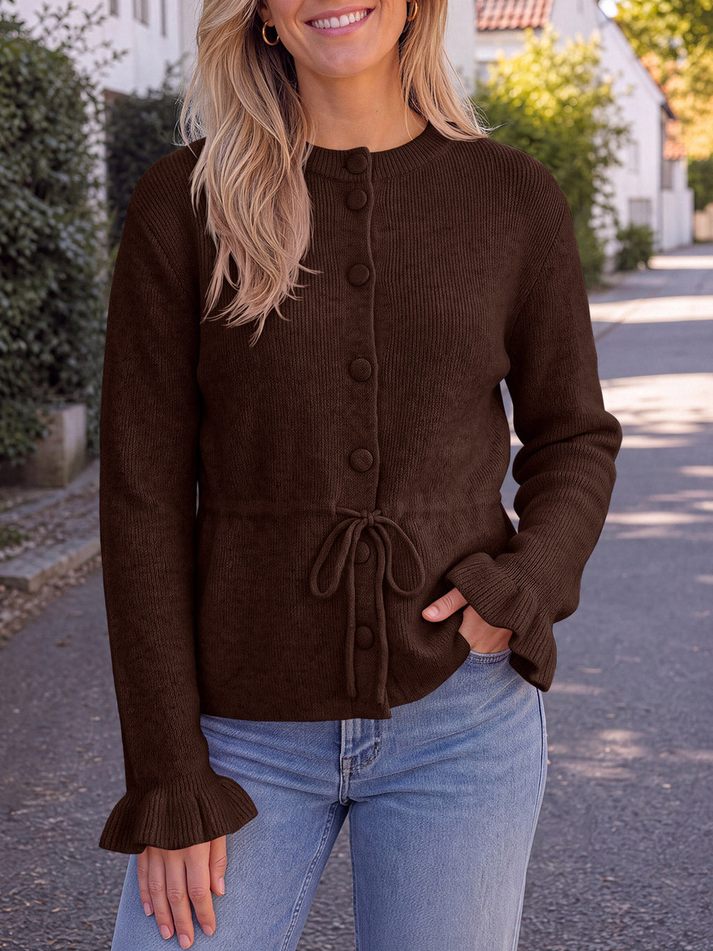usvara Womens Ruffle Sleeve Button Tie Cardigans
