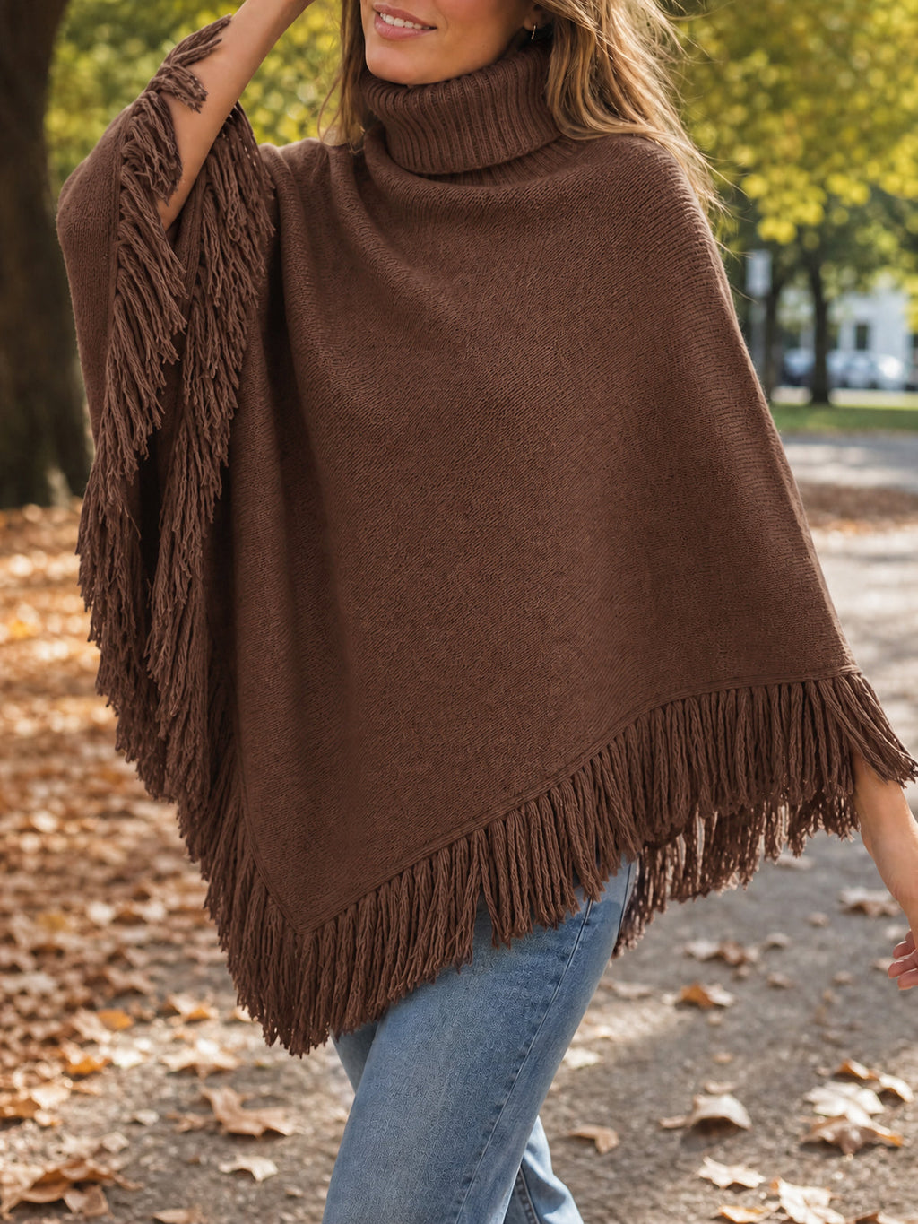 usvara Womens Fringe Turtleneck Poncho Sweater