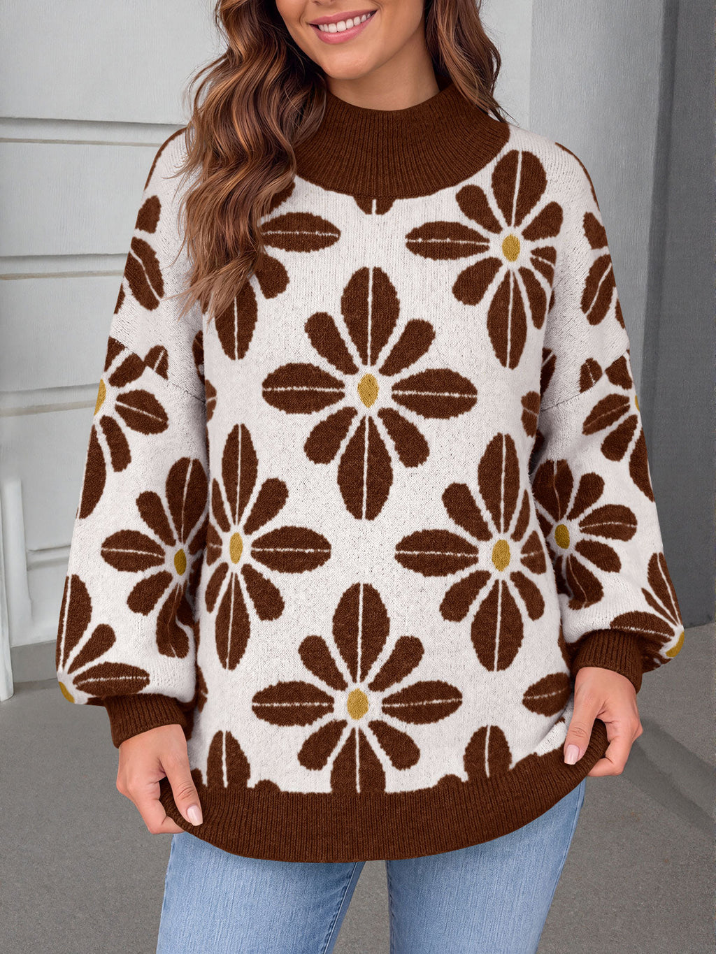 usvara Womens Floral Mock Neck Chunky Sweater