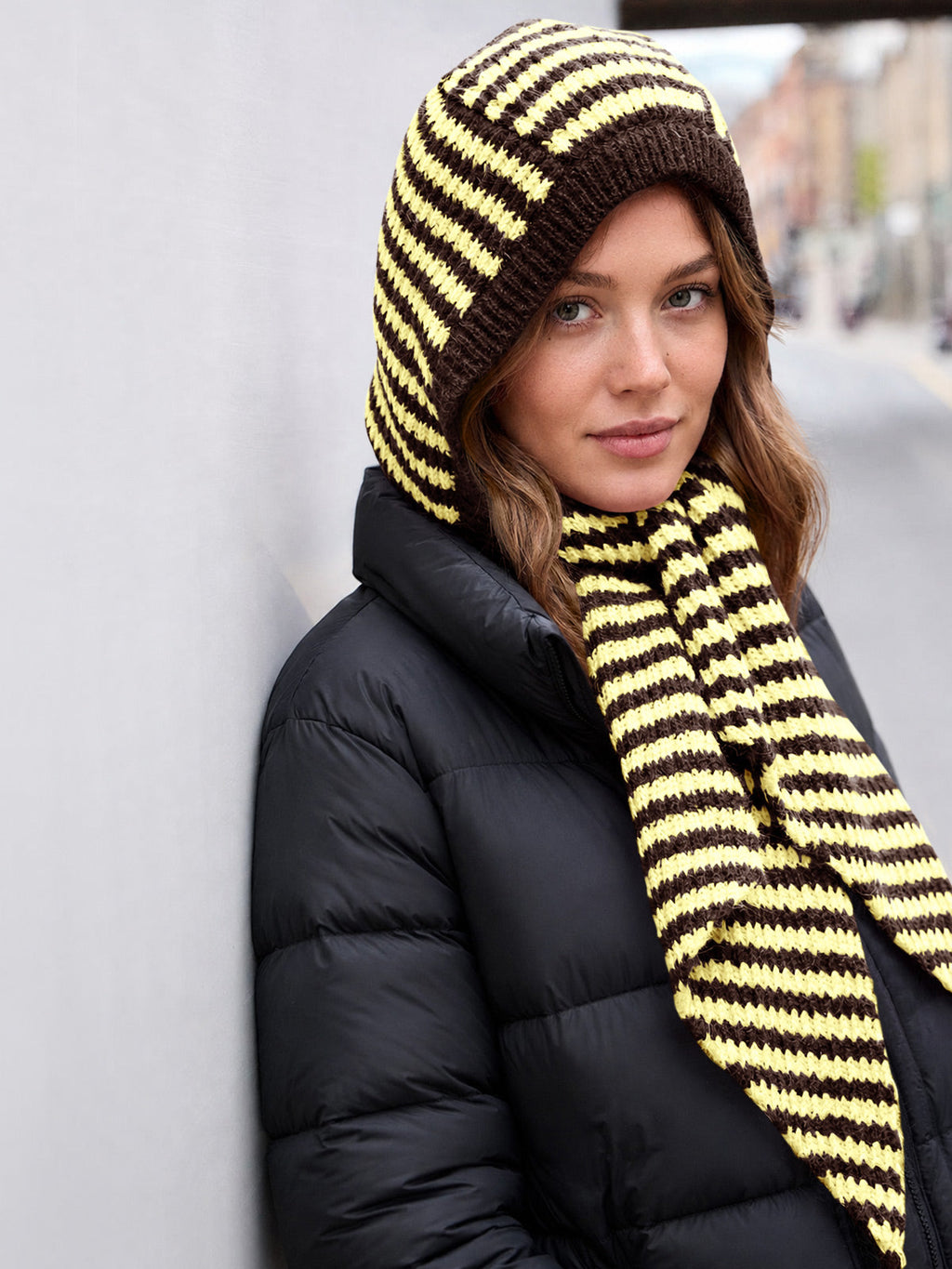 usvara Womens Striped Hooded Scarf Knit Hat