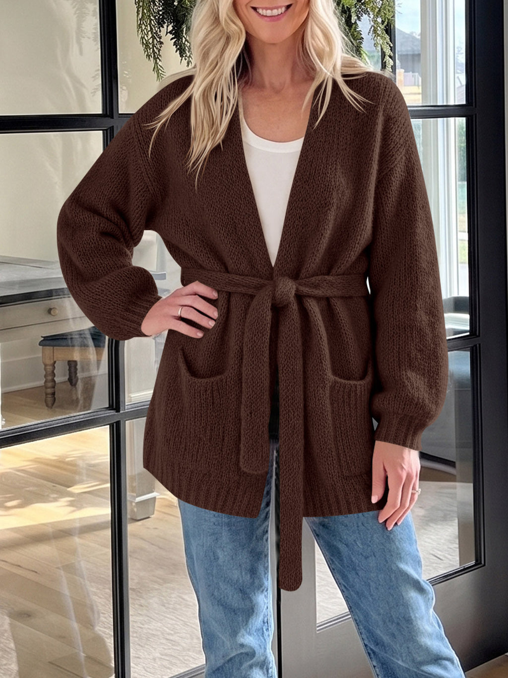 usvara Womens V Neck Belted Cardigan