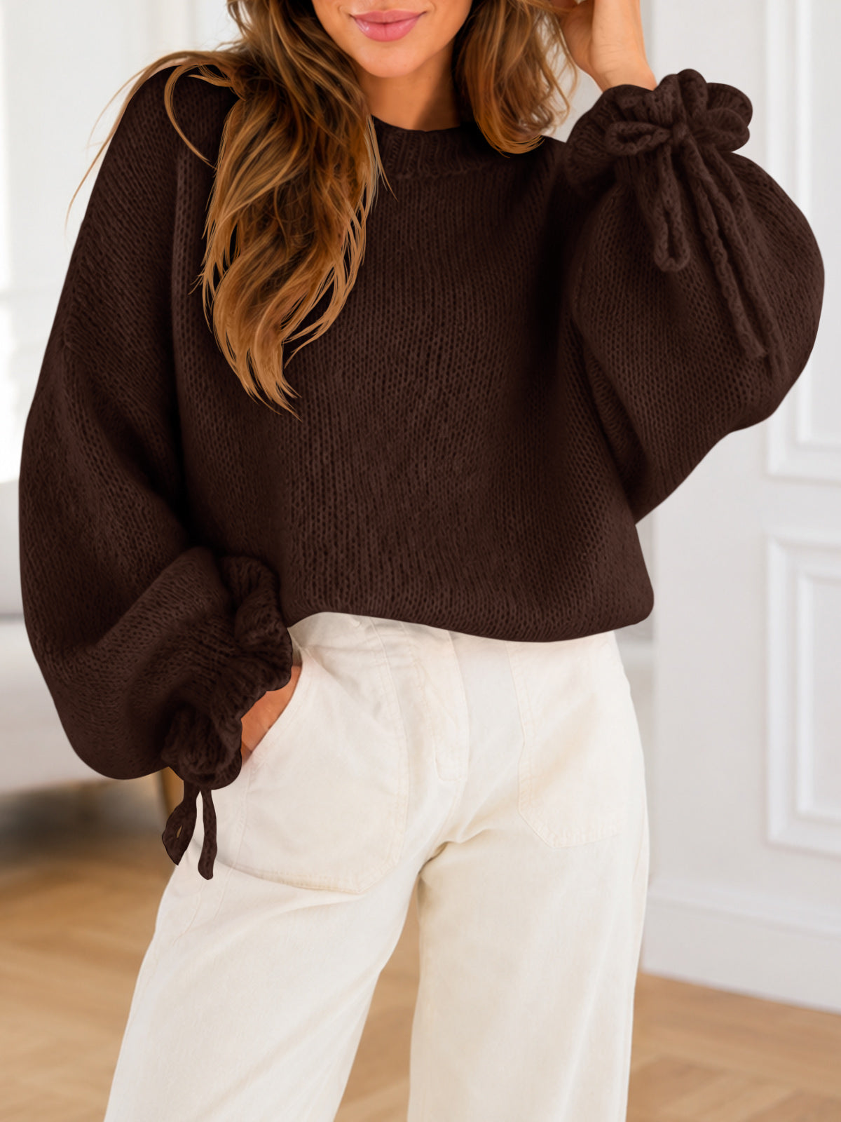 usvara Women Ruffle Long Sleeve Knit Sweater