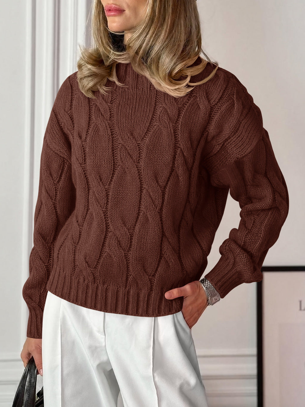 usvara Womens Mock Neck Cable Knit Sweater