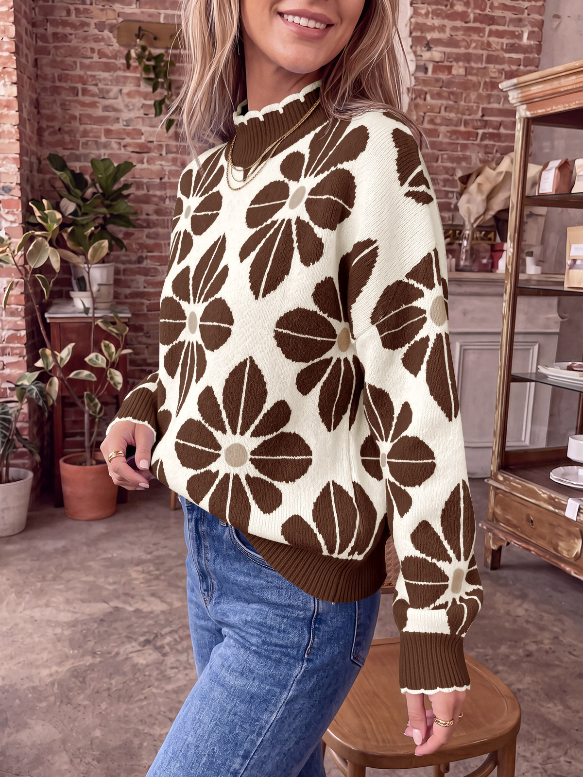 usvara Womens Mock Neck Floral Knit Sweater