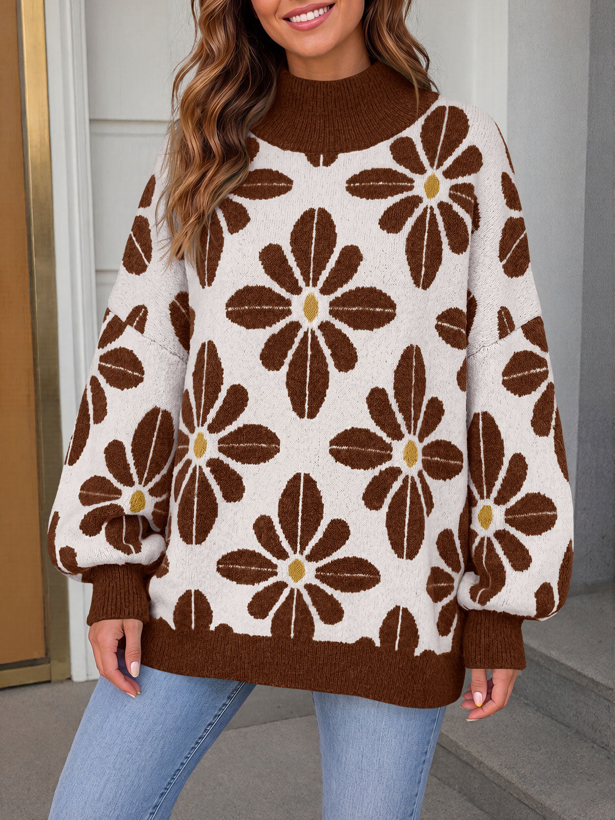 usvara Womens Floral Mock Neck Chunky Sweater