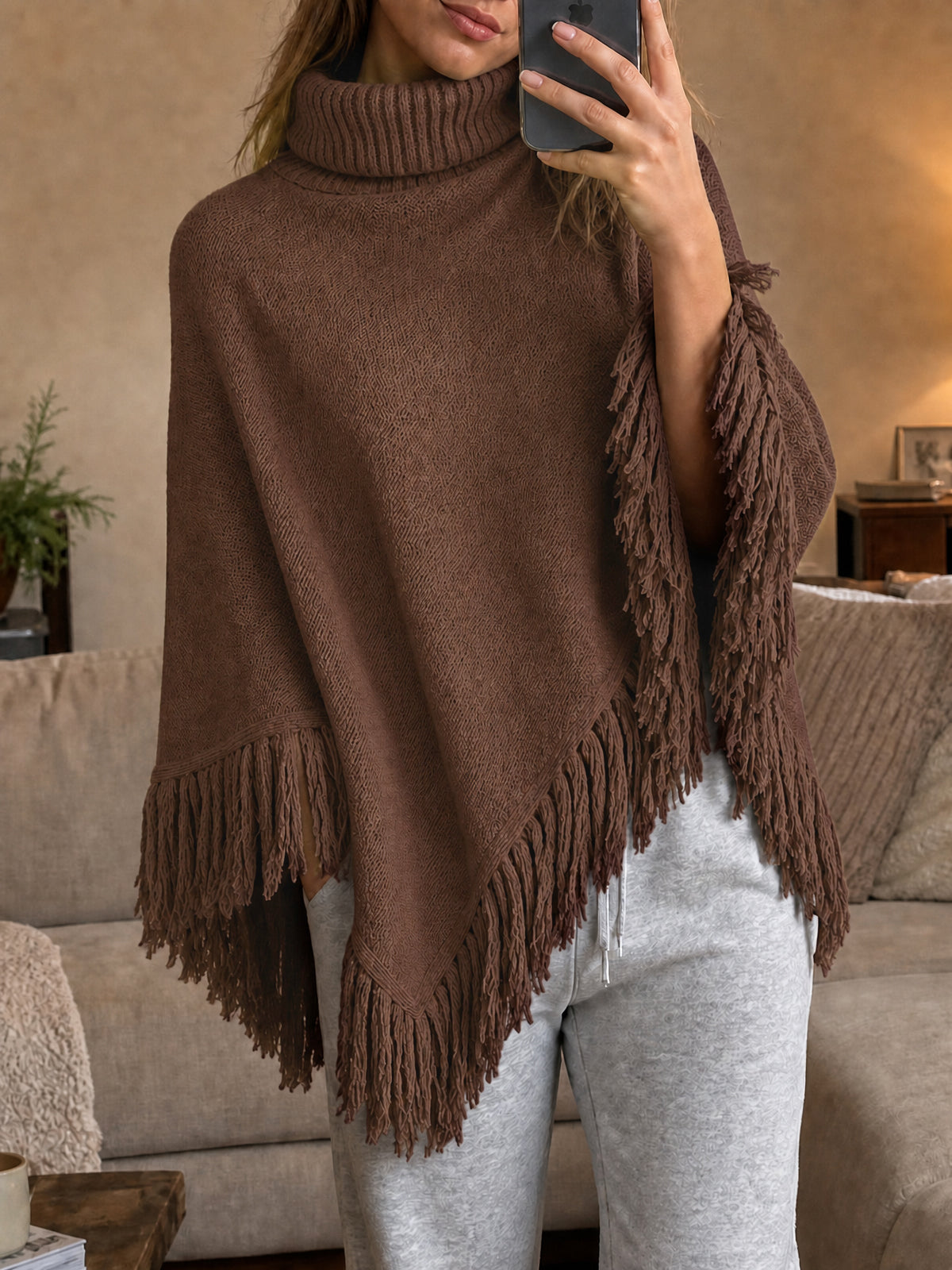 usvara Womens Fringe Turtleneck Poncho Sweater