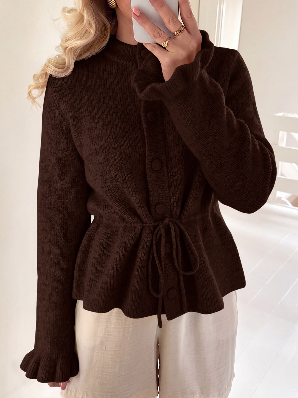 usvara Womens Ruffle Sleeve Button Tie Cardigans