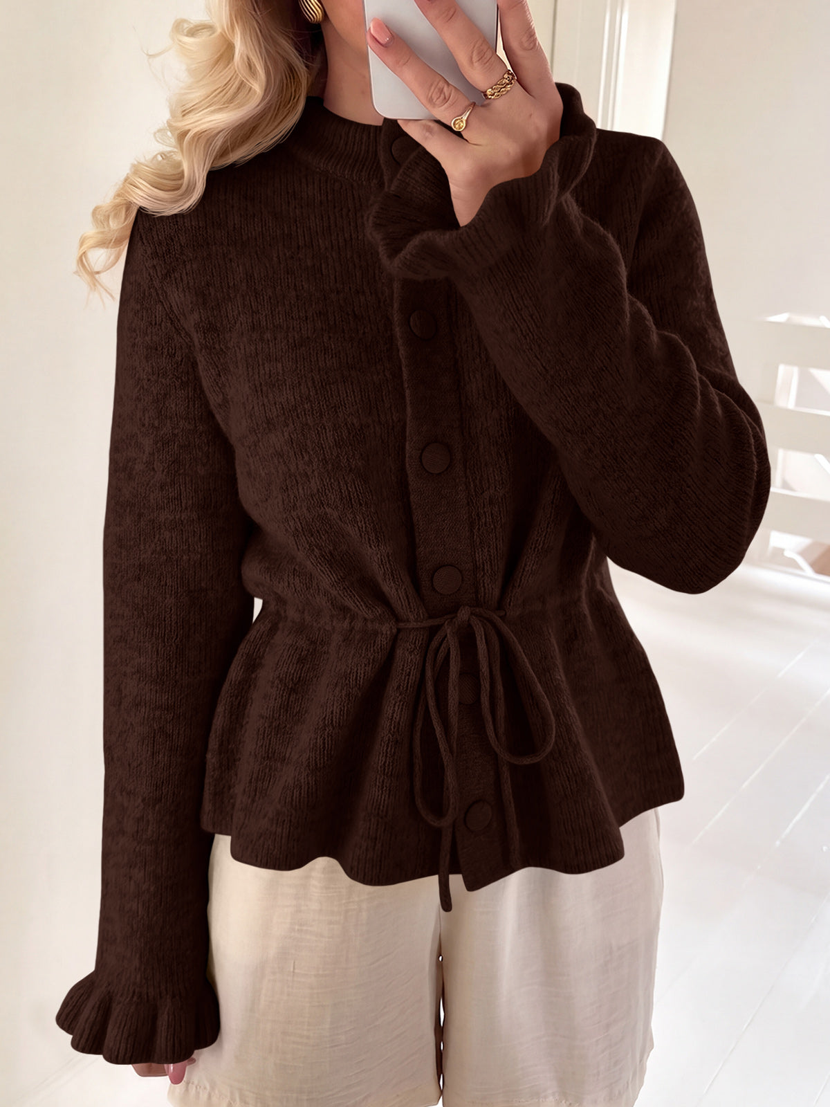 usvara Womens Ruffle Sleeve Button Tie Cardigans