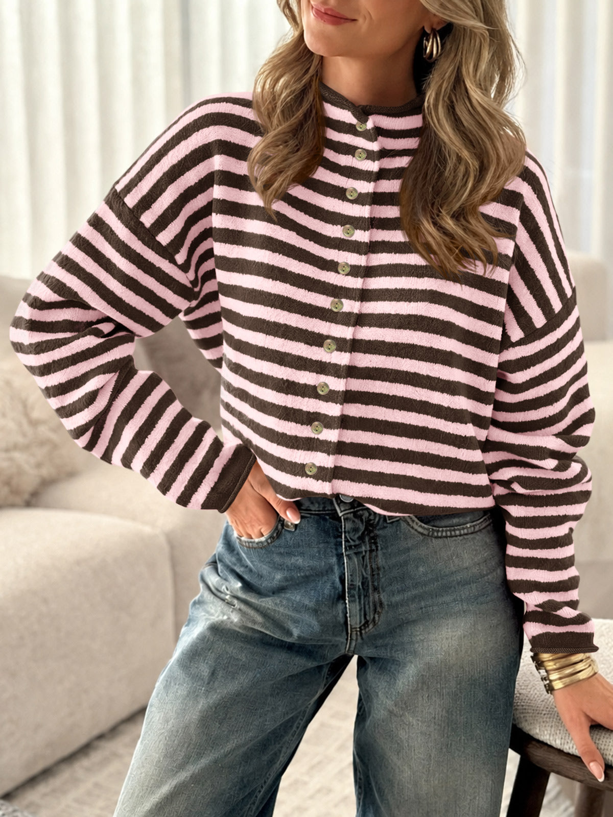 usvara Womens Striped Mock Neck Cardigan