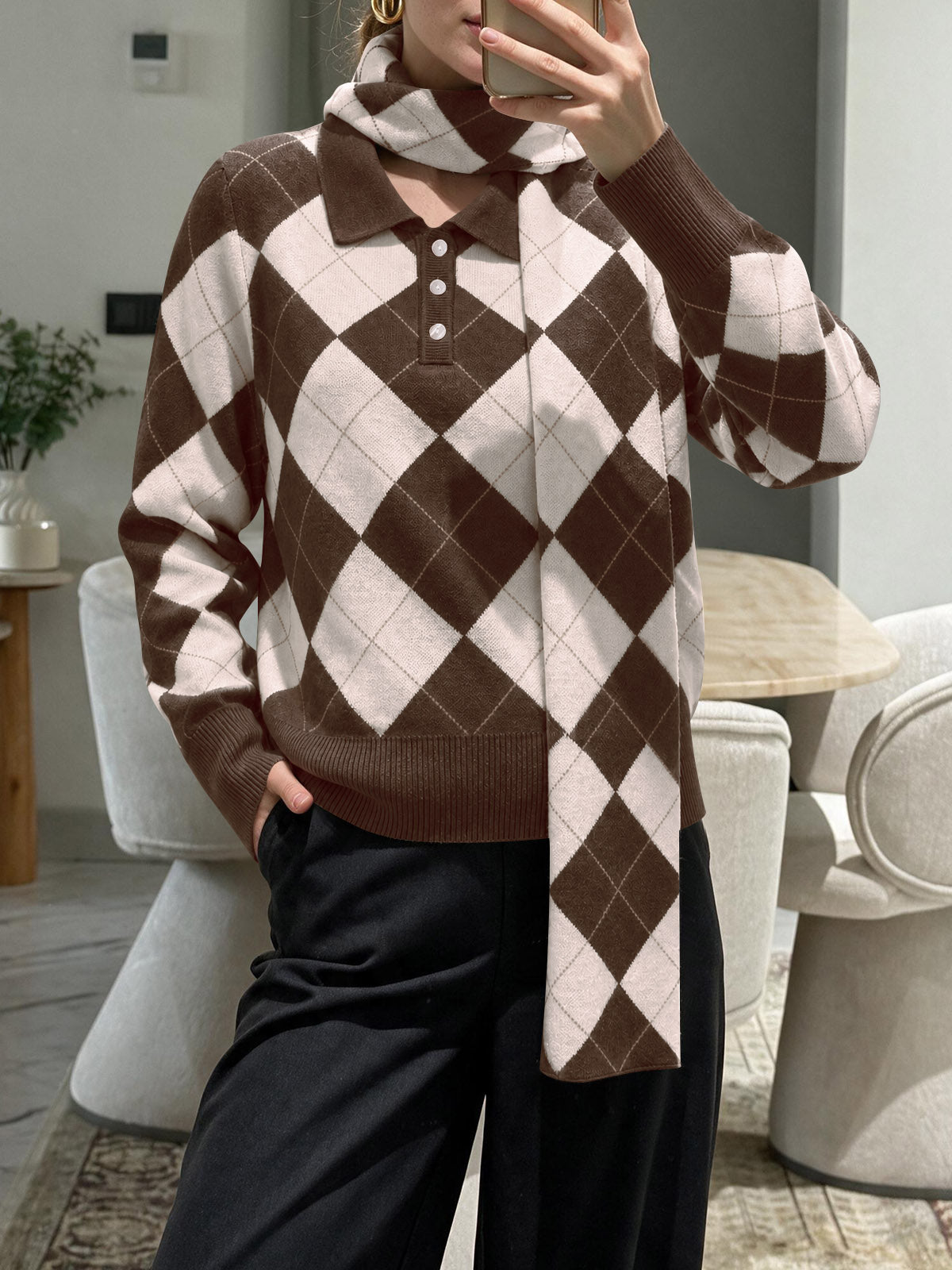usvara Womens Argyle Color Block Polo Sweater