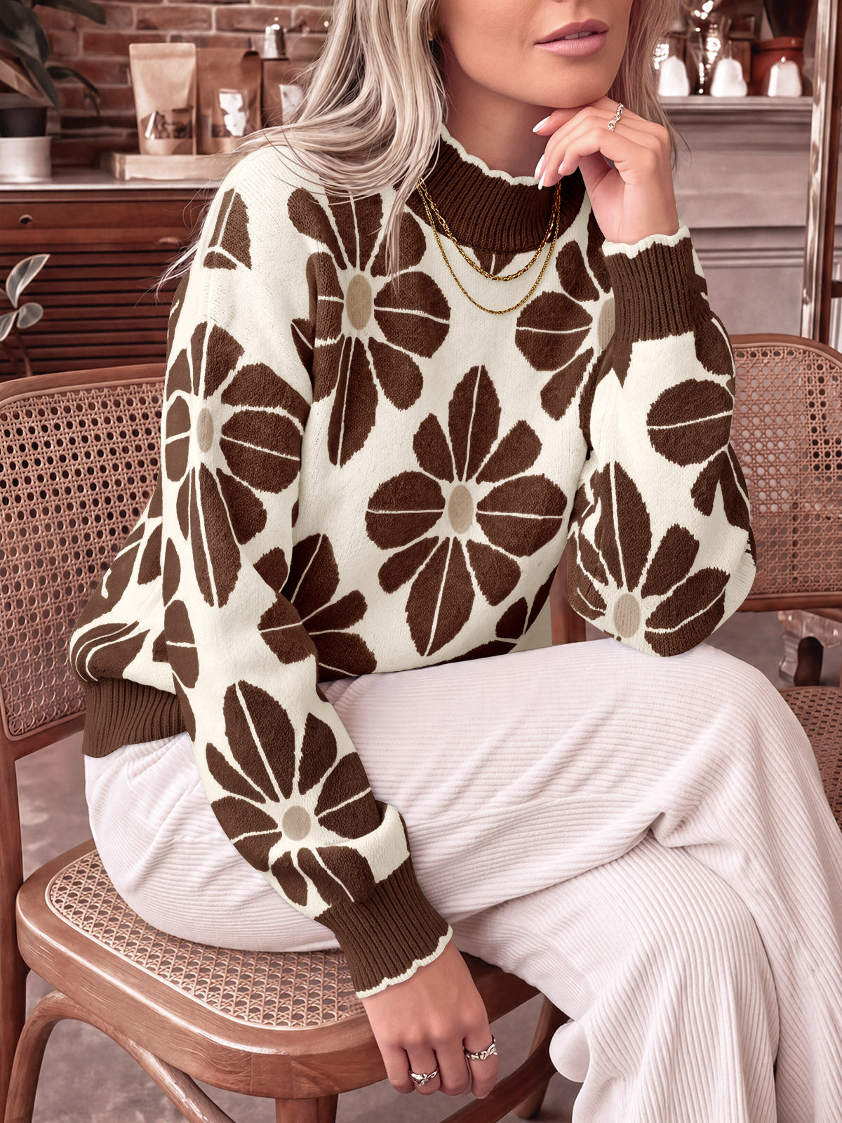 usvara Womens Mock Neck Floral Knit Sweater