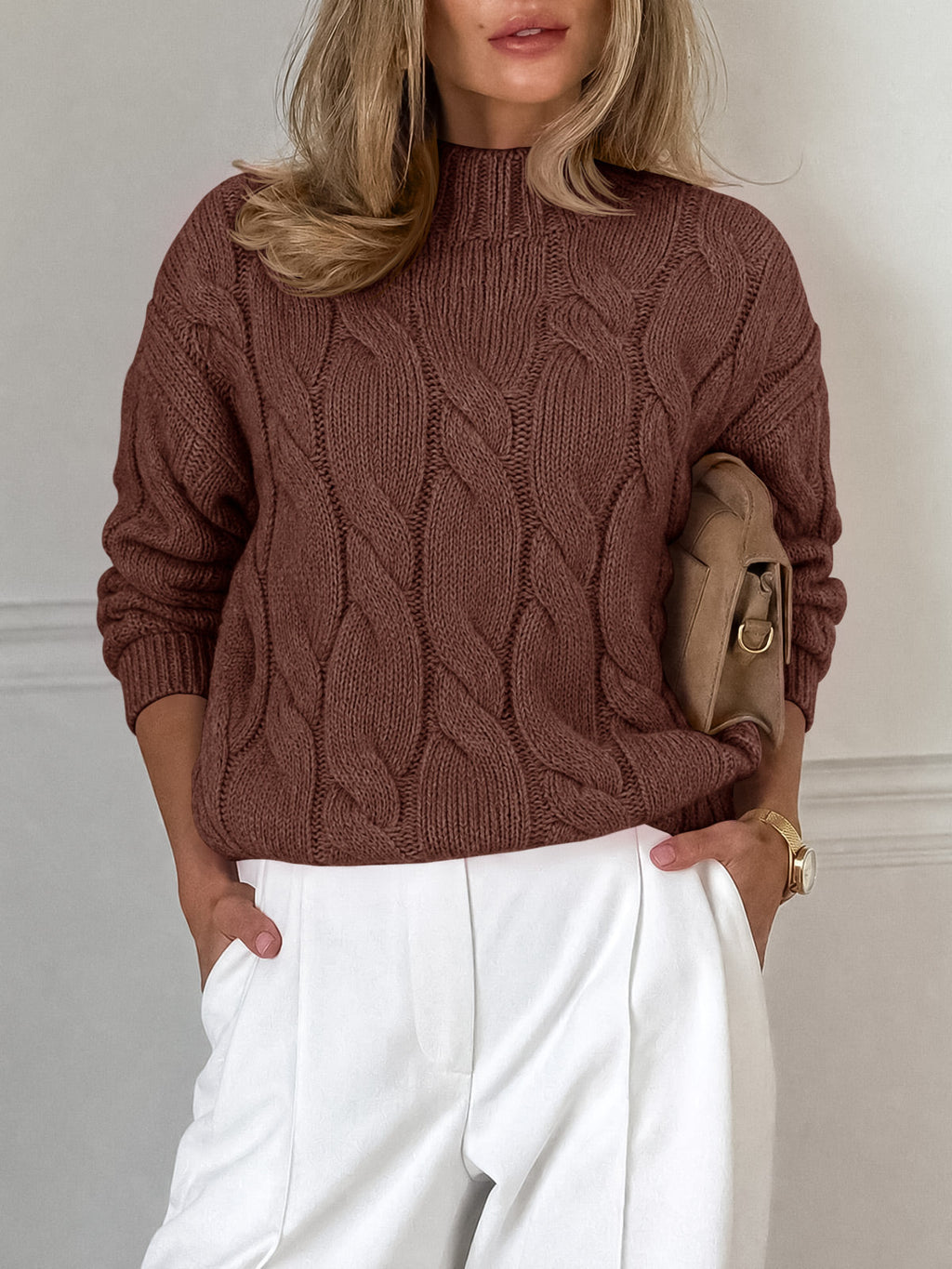 usvara Womens Mock Neck Cable Knit Sweater