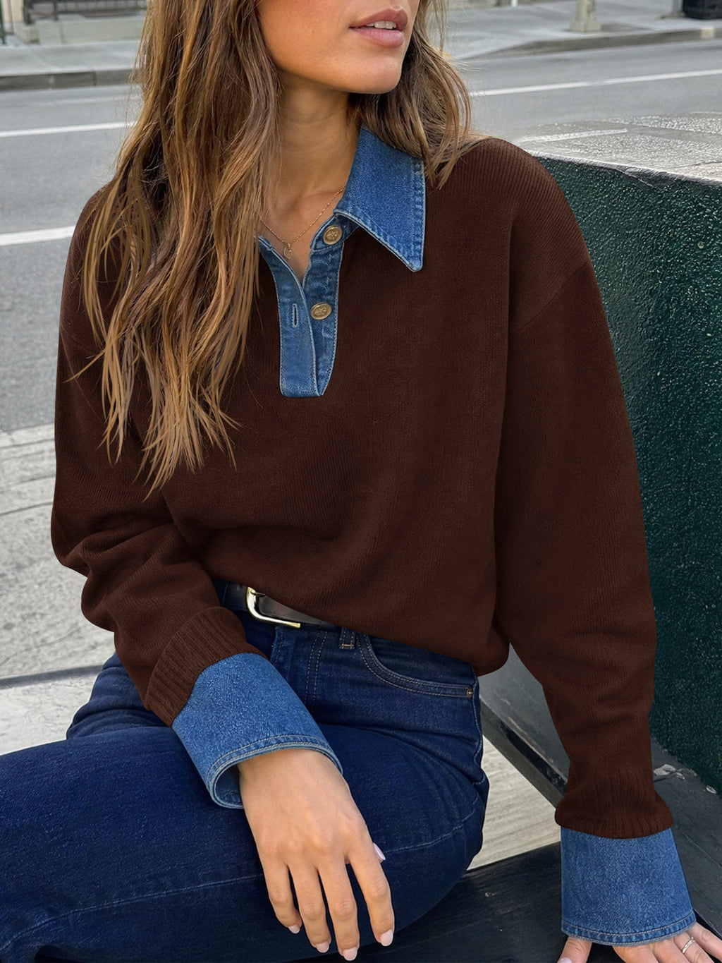 usvara Women Denim Patchwork V Neck Sweater Tops
