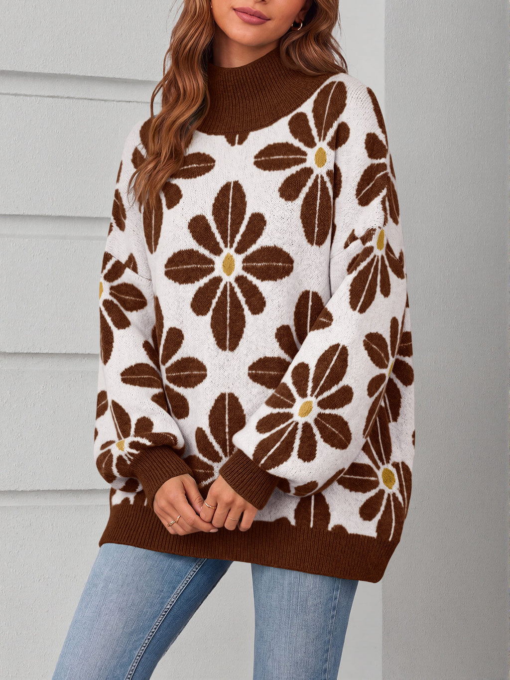 usvara Womens Floral Mock Neck Chunky Sweater