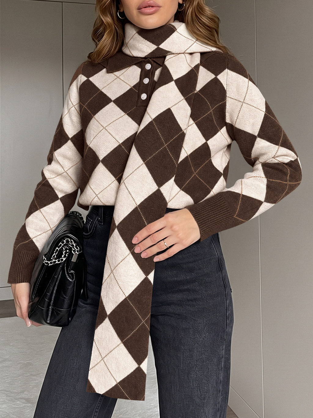 usvara Womens Argyle Color Block Polo Sweater