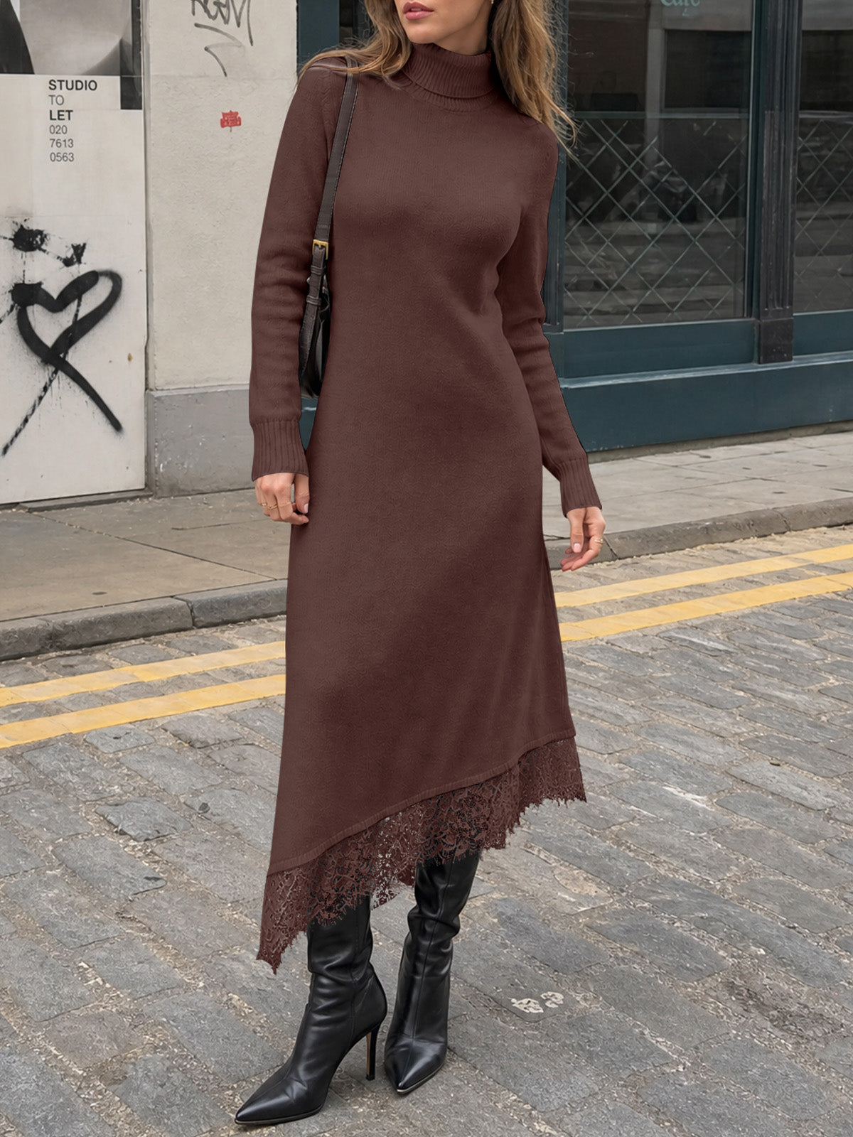 usvara Womens Lace Turtleneck Sweater Dress
