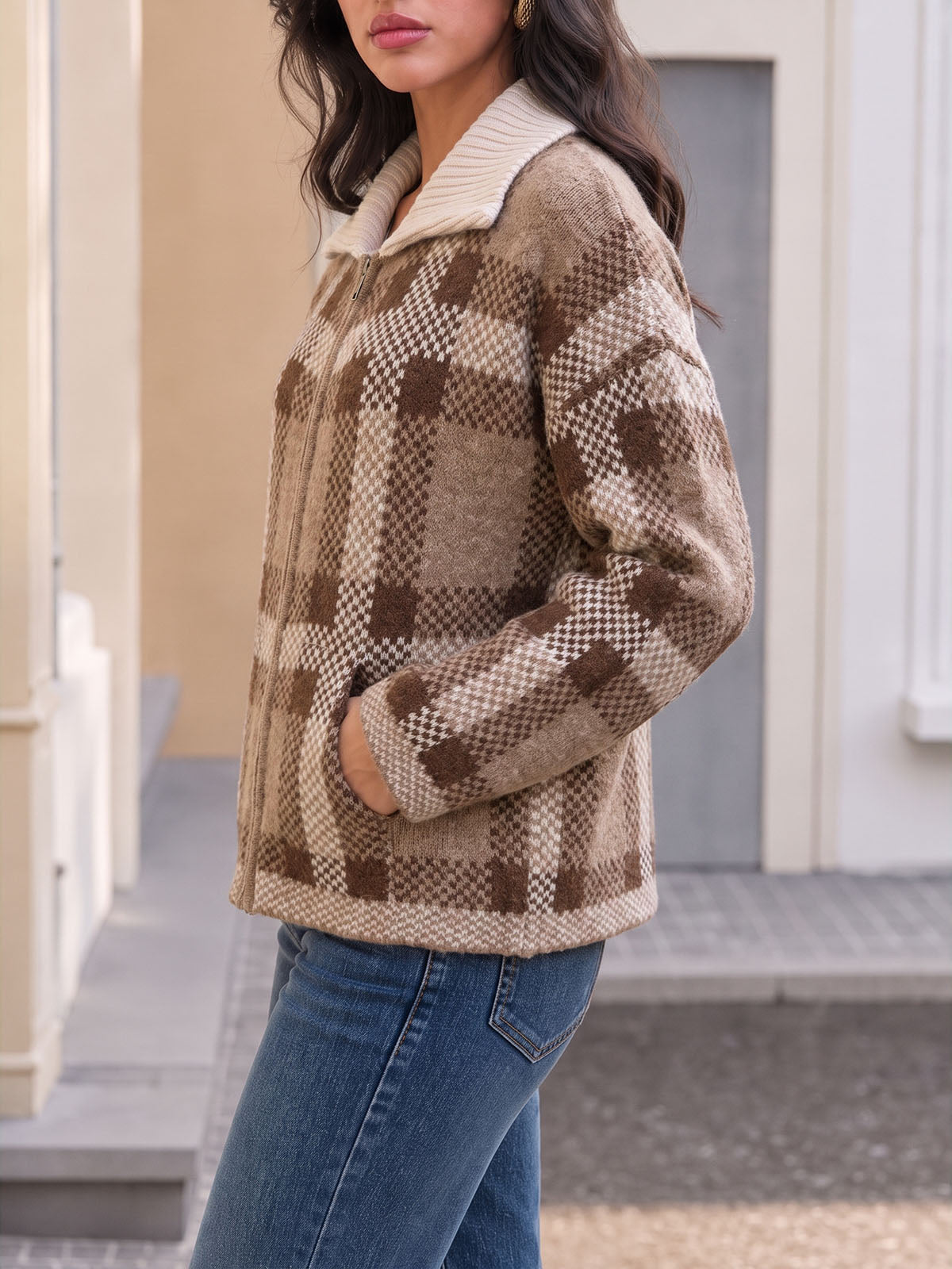 usvara Womens Plaid Color Block Zip Cardigan