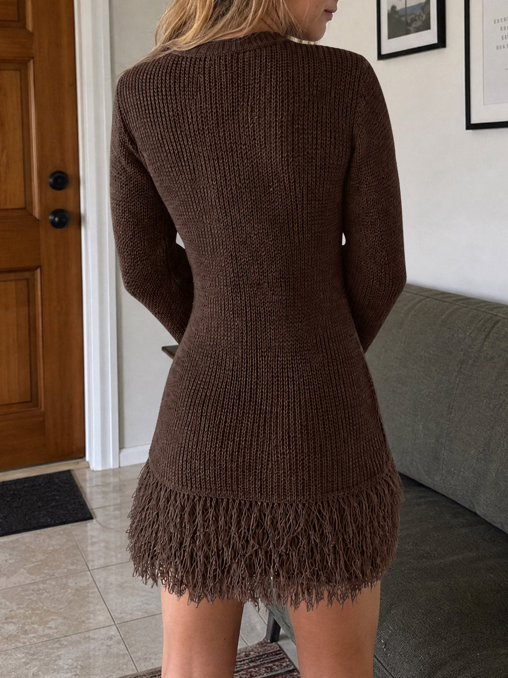usvara Womens Fringe Waffle Knit Sweater Dress
