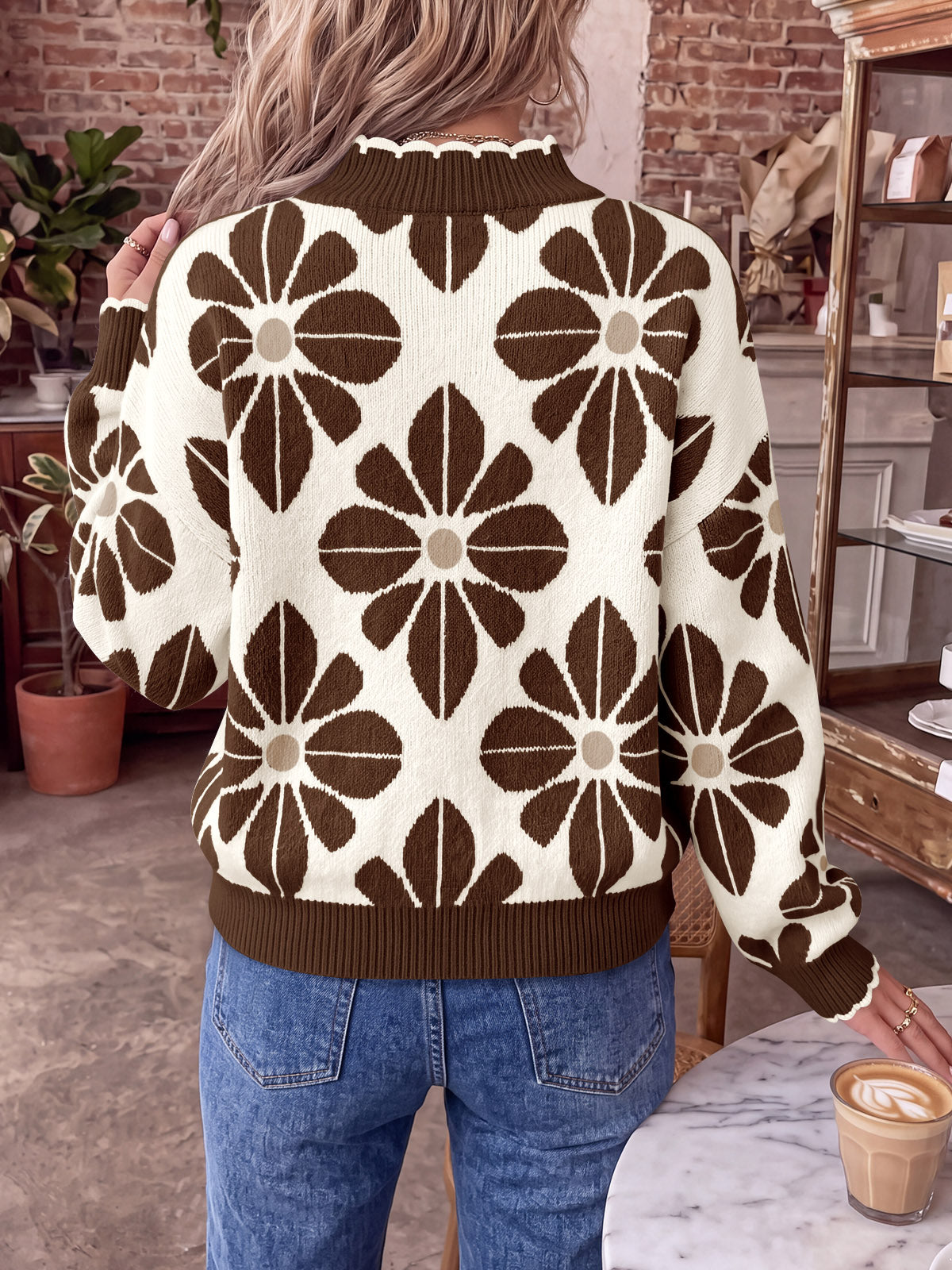 usvara Womens Mock Neck Floral Knit Sweater