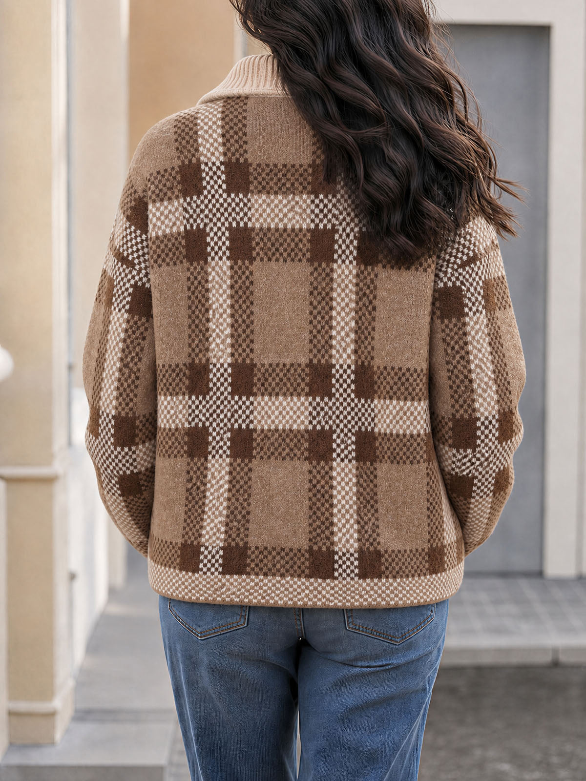 usvara Womens Plaid Color Block Zip Cardigan