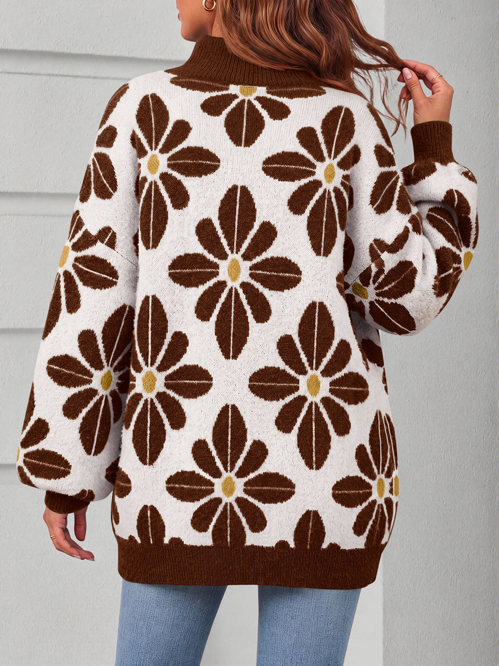 usvara Womens Floral Mock Neck Chunky Sweater