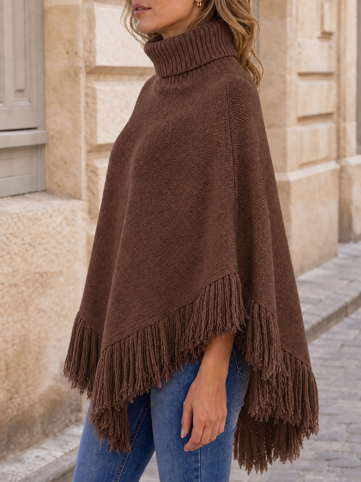 usvara Womens Fringe Turtleneck Poncho Sweater
