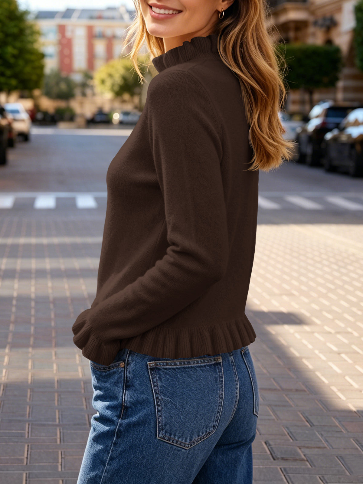 usvara Women Ruffle Mock Neck Knit Sweater